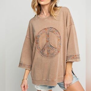 Easel Oversized Floral Peace Washed Terry Pullover Top Size Large Mocha NWOT